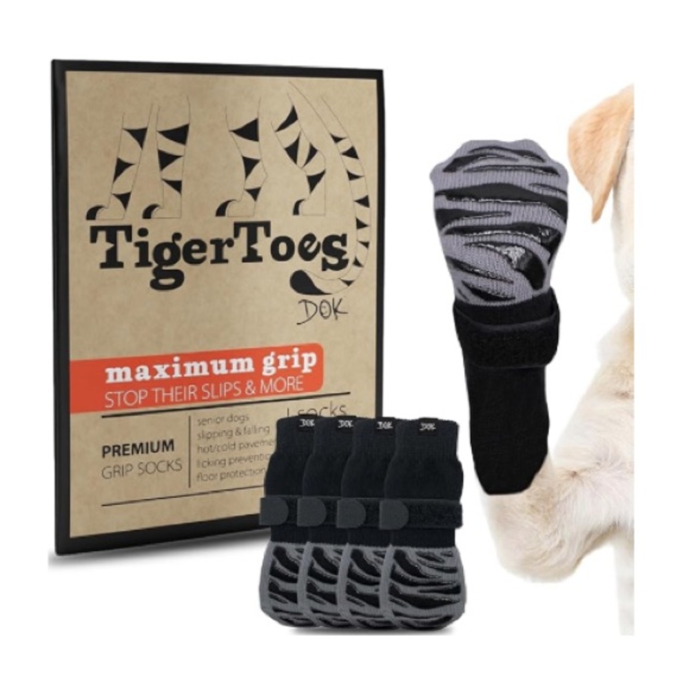 NEW DOK TIGER TOES NON-SLIP DOG SOCKS HARDWARE FLOORS MED FREE POOPY BAG ROLL